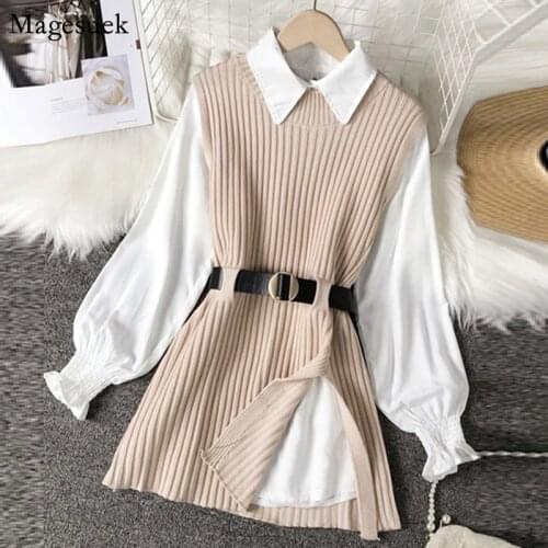 Spring Autumn Two-piece Set Shirt Tops Female 2021 Long Sleeve Knitted White Blouse Vest Loose Shirt Clothes Blusas Mujer 16050