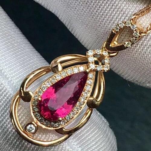 A412 Rubillite Tourmaline Pendant Real 18K Gold 100% Natural Rubillite Tourmaline 1.3ct Gemstones Diamond Pendant Necklace