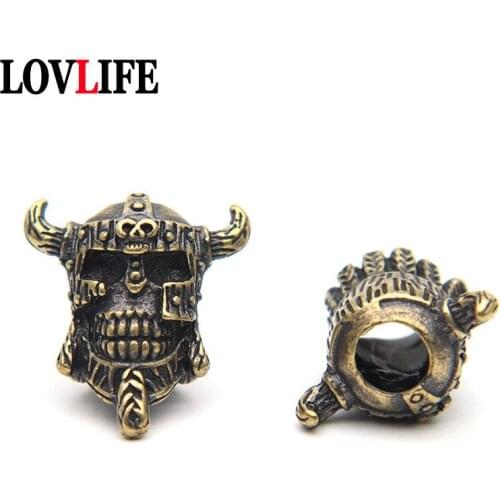 Antique Brass Viking Pirate Skull Bead Fit for Paracord Bracelet Fashion Keychain Charm Pendant DIY EDC Outdoor Tool Accessories