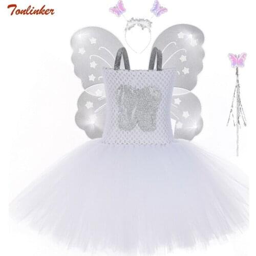 White Baby Girl Tooth Fairy Tutu Dress Butterfly Wings Headband Wands Princess Kids Halloween Cosplay Fancy Party Dress Costume