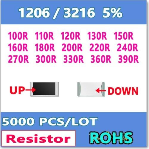 JASNPROSMA 1206 J 5% 5000pcs 100R 110R 120R 130R 150R 160R 180R 200R 220R 240R 270R 300R 330R 360R 390R 3216 OHM Resistor