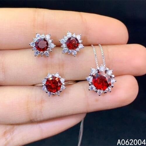 KJJEAXCMY Fine Jewelry 925 sterling silver inlaid natural gemstone garnet female ring pendant earring set trendy supports test