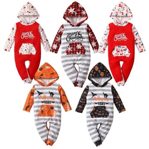0-24M Toddler Baby Boy Girl Halloween Jumpsuit Printed Stripe Hooded Long Sleeves Romper 5Styles Clothing