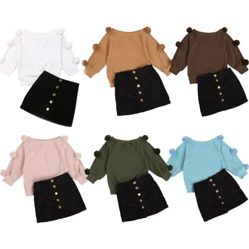 4 Colors Fashion Kids Girls Clothes Sets 2pcs Knit Solid Balls Long Sleeve Pullover Sweater Tops A-Line Button Skirts