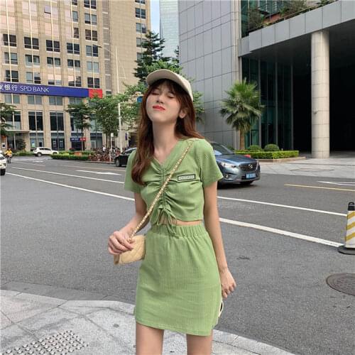 Drawstring Summer Dresses Set KPOP Sexy Tops 2 Piece Set Women Split 2021 Solid Exposed Navel Short Sets New Two Piece Skirt Set