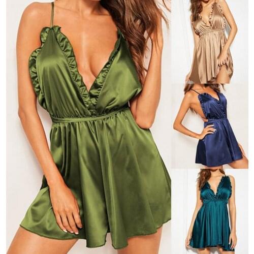 Summer Sexy Satin Women Nightdress Deep V-neck Sling Backless Sleepwear Night Gown 2021