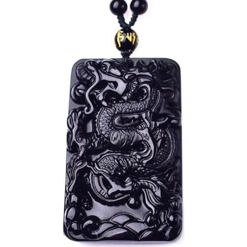 Natural Black Obsidian Chinese Dragon Pendant Hand-Carved With Beaded Adjustable Chain Men Womens Amulet Necklace Jade Jewelry