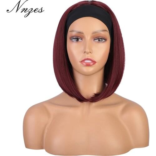 NNZES Bob Synthetic Wig Short Wine Red Headband Wig for Black Women Natural Looking Heat Resistant Brown Black Wigs for Female