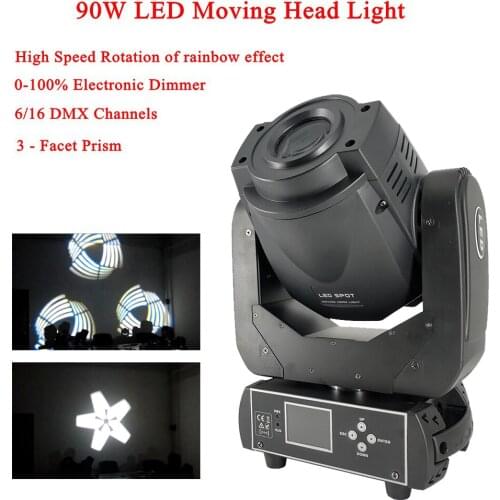 Disco Light Stage Lights 90W LED Spot Moving Head Light 3-Facet Prism High Speed Rotation of Rainbow Effect DJ Sound Party Light