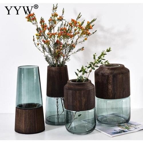 Wooden Barrel Transparent Glass Vase Simple Creative Living Room Dried Flower Flower Arrangement Decorat Desktop Floral Ornament