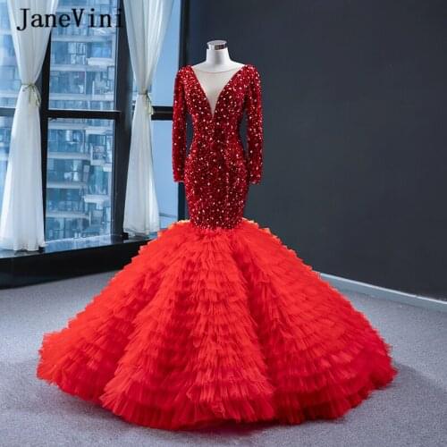 JaneVini Luxury Saudi Arabia Red Mermaid Evening Dresses Bling Sequined Crystal Deep V Neck Long Sleeves Sexy Dubai Party Gowns