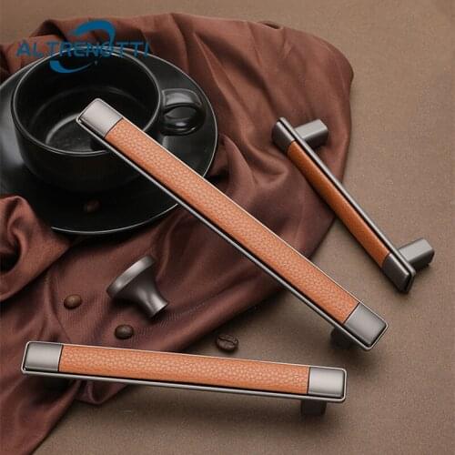 Cabinet Handle Furniture Zinc Brown Leather T Bar Modern Wardrobe Drawer Door Pull Luxury Closet Kitchen Cupboard Hardware Knob