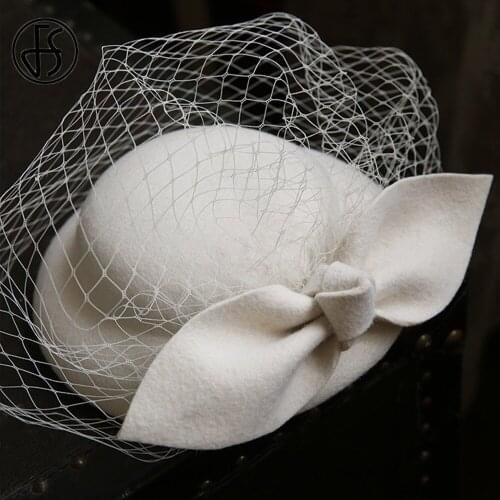 FS New White Dome Hat With Veils Bowknot Wool Felt Fedoras Caps Hats For Women Banquet Wedding Church Hats Lady Derby Cloche Cap