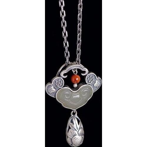 Siam Ancient Rhyme S925 Silver Vintage Silver Ethnic Style Auspicious Clouds Ruyi Natural Hetian Jade Hollow Peony Tassel