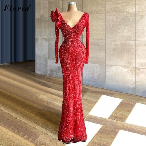 Heavy Handmade Celebrity Dresses Luxury Red Long Sleeves Evening Dresses 2021 Haute Couture Pageant Gowns For Woman Robe Longue
