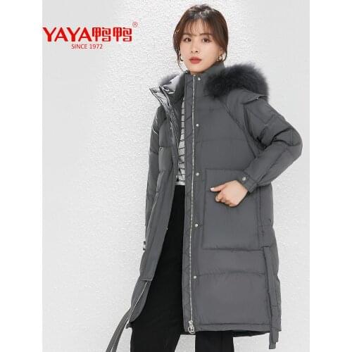 YAYA 2021 Womens Winter White Duck Down Jacket Thick Real Fur Collar Medium length Warm Overcoat Hood Windbreak Outerwear