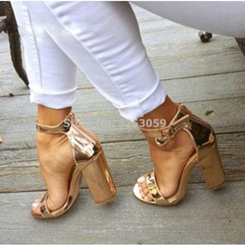 Women Chic Champagne Patent Leather Sandals Square Thick High Heels Pumps Covered Heel Single Strap Gladiator Shoes Golden Pumps