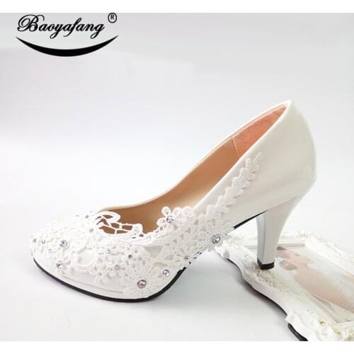 BaoYaFang 2019 New arrival White flower Party Heeled Shoes Woman High Heel Pumps Ladies Wedding shoes plus size sweet party shoe
