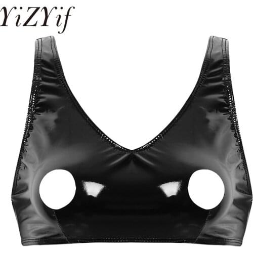 Sexy bra Women Open nipple bra Wet Look Patent Leather Lingerie Wide Shoulder Straps open cup bra Hole Design Bra Top Crop Top