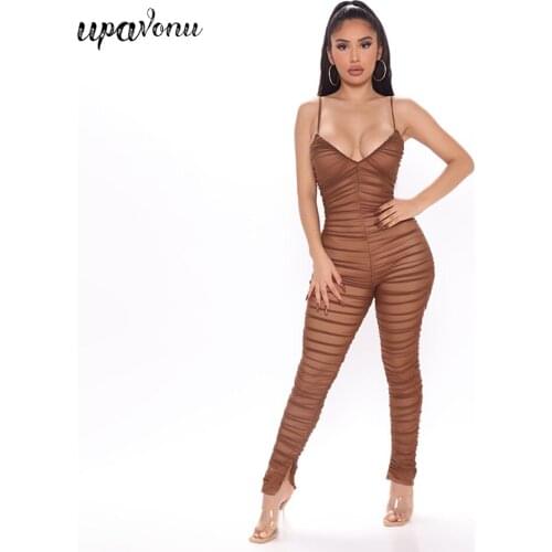 Free Shipping Draped Mesh Bandage Jumpsuit 2021 New Fashion Ladies Sexy Halter Sleeveless Bodycon Club Party Pencil Jumpsuit