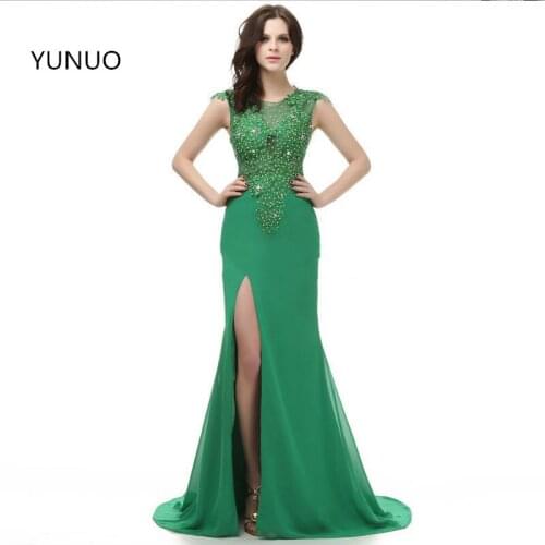 YUNUO Real Green Appliques Beading Chiffon Long Prom Dress Custom vestido de festa Sexy Front Open Formal Dress S11504