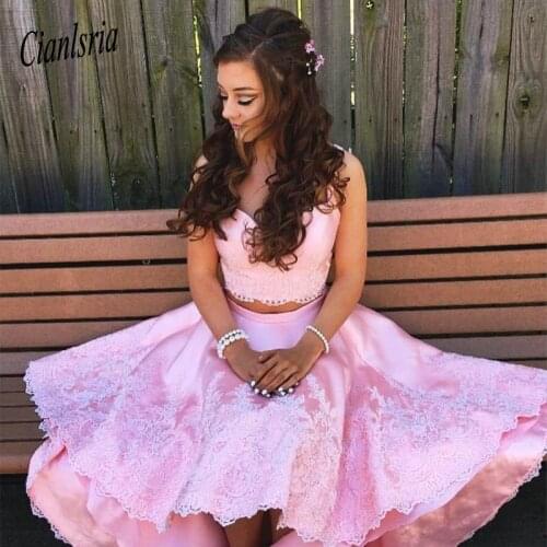 2020 Pink Satin Two Piece High Low Long Prom Homecoming Dresses Lace Appliques Graduation Dresses