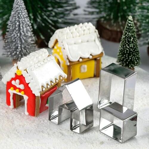 3Pcs 3D Mini House Scenery Christmas Cookie Cutter Set Cookie Biscuit Mold Steel Gingerbread House Fondant Cutter Cake Mold