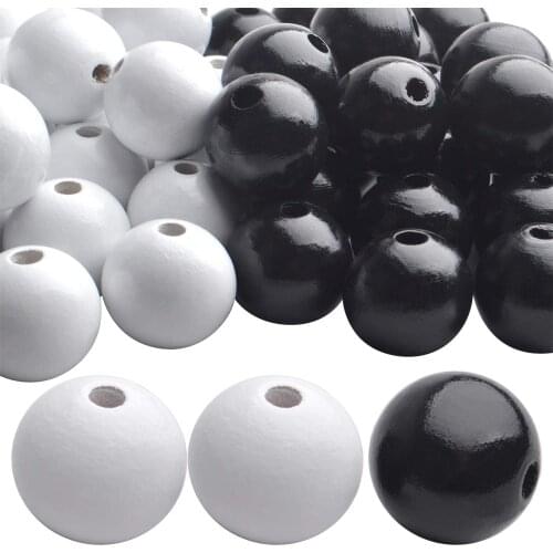 50pcs 25mm Natural Round Wooden Small Hole Wood Loose Beads Smooth Painted Spacer Loose Beading for Jewelry Making, White,Black