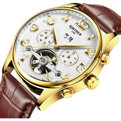 KINYUED brand new watch Swiss fully automatic hollowed Tourbillon mens leather machinery watch