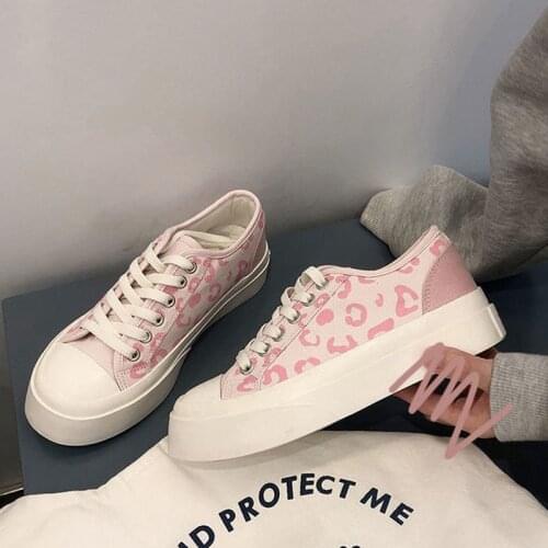 Designer Women Cute Leopard Canvas Sneakers Student Pink Shoes Girls Patchwork Thick Heel Sneakers Casual Running Platform Shoes
