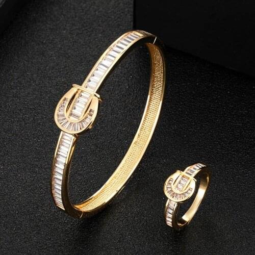 Zlxgirl jewelry Luxury Brand AAA T-shaped zircon belt bangle and ring set for women wedding bridal jewelry bracelet anel aneis