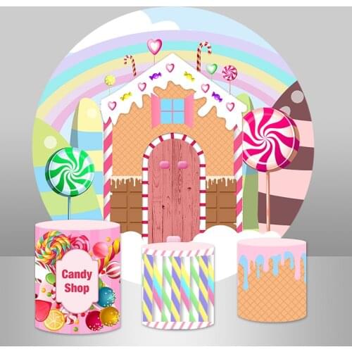 Sensfun Candyland Round Background Circle Photo Backdrop Birthday Party Decoration Table Cylinder Cover