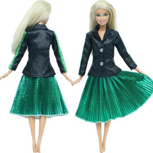 Fashion Leather Top Green Skirt Daily Casual Wear Beautiful Party Dress Clothes for Barbie Doll Best Child Girl Costume Toy