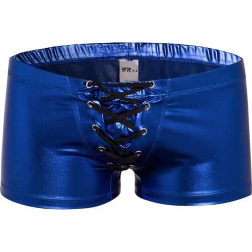 Men Sexy Althetic Strap Underwear Lace Up Short Boxer Patent Leather Boxers Underwear Underpants Shorts