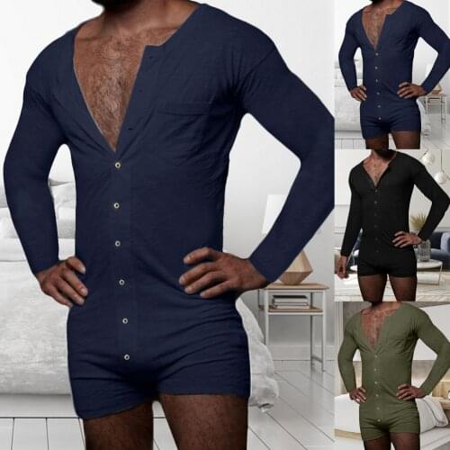 Men Long Sleeve Solid Color Romper Single-breasted Jumpsuit Sleepwear Nightwear