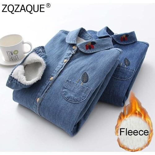New Preppy Style Girls Denim Shirts With Fleece Fall Winter All-match Cowboy Warm Bottom Tops Womens Fashion Outerwears SY1908