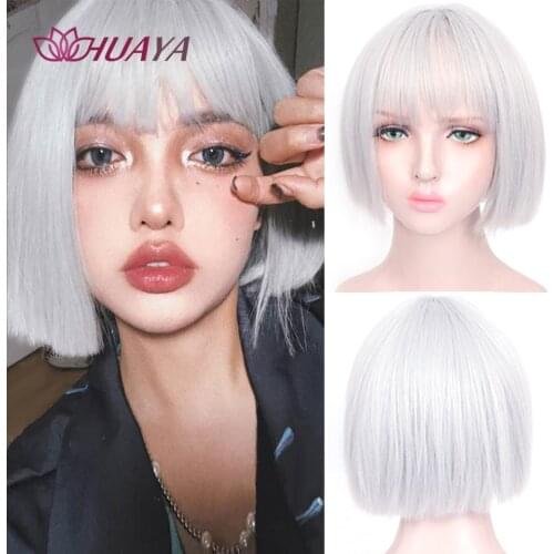 HUAYA Synthetic Short Straight Wig Bob With Bangs Silver Gray Cosplay Wig Female Natural Straight Lolita False Hair