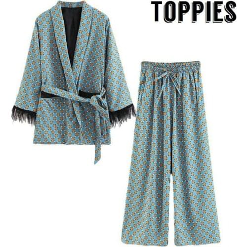 Toppies 2020 Blue Printed Kimono Jacket with Feather Sleeves Wide Leg Loose Cuasal Trousers Women Vintage Clothing Suits