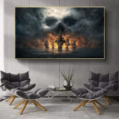 Pirate ship at sea Black sailing ship Vintage mural Art canvas on the wall Posters and prints Art pictures on the wall