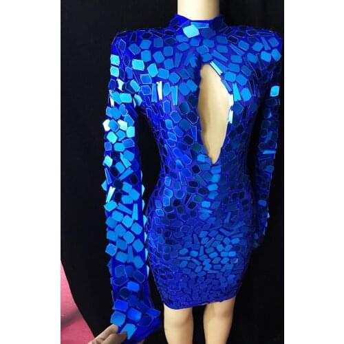 Bright Blue Mirrors Short Dress Birthday Celebrate Bar Dance Outfit Wear Prom Evening DS Women Dancer Hollow Dress