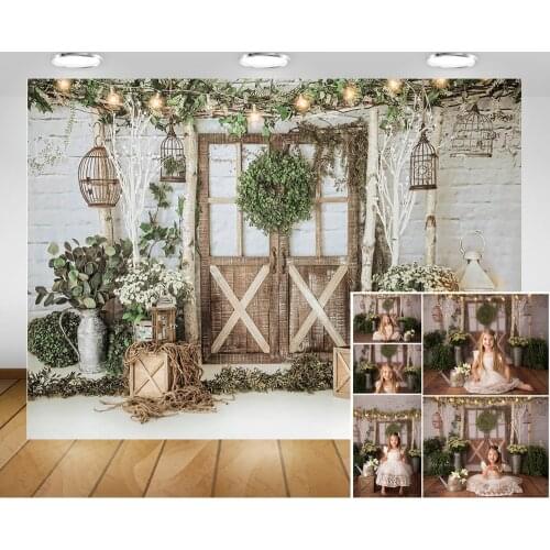 Christmas Backdrop White Brick Wall Vintage Door Photocall Green Garland Children Portrait Background Photography Photocall