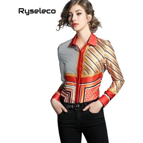 Ryseleco Brand New 2018 Europe Women Slim Long Sleeve Tops Blouse Polka Dot Strip Geometric Prints Casual Single Breasted Shirts