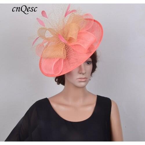 2019 Handmade One off design,Coral/champagne Large saucer base sinamay fascinator wedding hat mother of the bride w/feather&veil