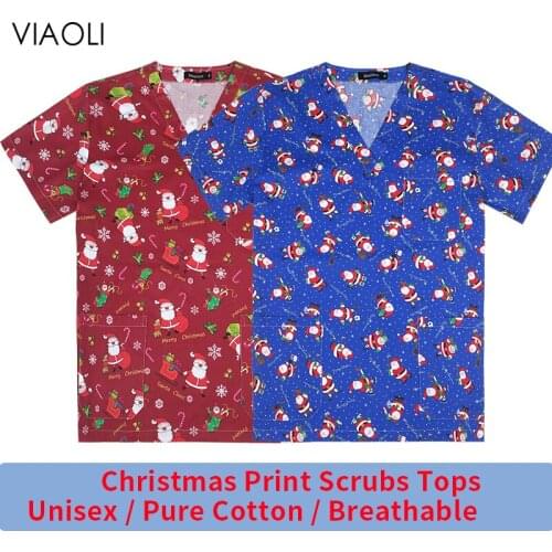 New red blue cotton Christmas print scrubs uniform beauty salon work uniform lab uniform pet shop scrubs uniform work clothes