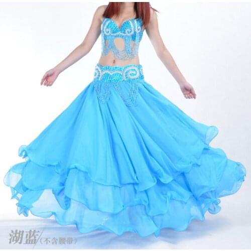 2021 100D Chiffon Skirt 3 Layers Belly Dance Swing Skirt Leafroll ATS Stage Performance Show Costume Multi Color Purple