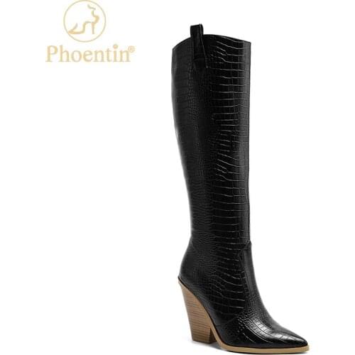 Phoentin black womens knee high boots zip closure high heel shoes long white booty pointed toe autumn winter wedges gold FT1090