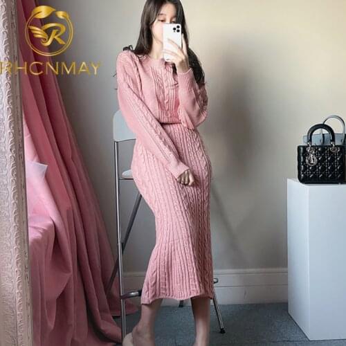 New Elegant Women Knitted 2 Pieces Set O Neck Twisted Pullovers & Ladies A-line Skirt 2021 Autumn Winter Sweater Set Female
