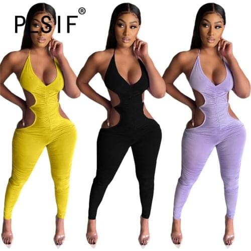 Simple Prue Color Deep V Neck Sleeveless Skinny Jumpsuits Sexy Tight Club Party Lady Fashion Sheath Bodysuits