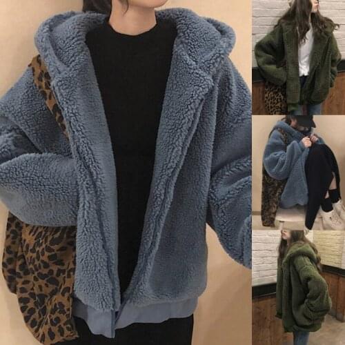 Women Autumn Winter Thick Lambwool Short Coat Jackets Ladies Hooded Zipper Overcoat Outer Wear Parka Vintage Plus Size Loose