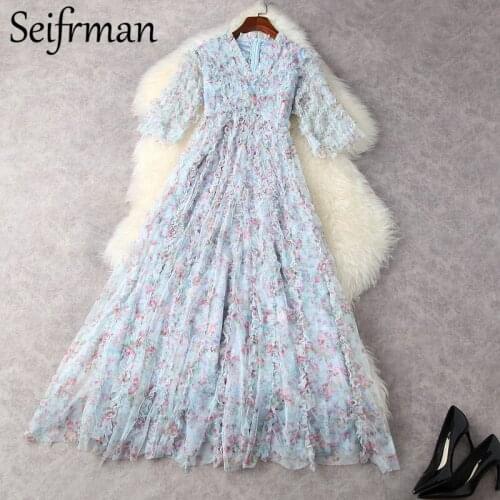 Seifrmann New 2021 Summer Women Fashion Runway Long Dress Half Sleeve Ruffles High Waist Floral Print Elegant Ladies Mesh Dress